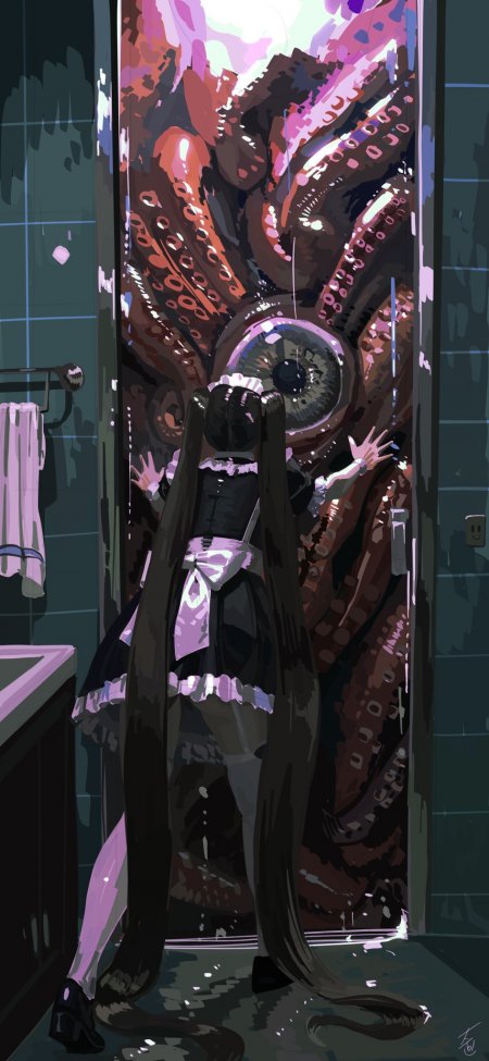 动漫角色黑长直女仆装少女浴室惊悚巨眼触手怪紫暗奇幻手机壁纸