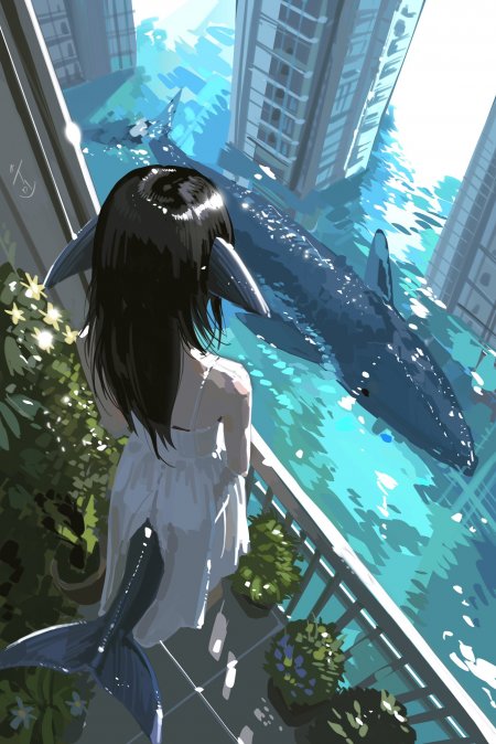 动漫少女黑发白裙阳台观鲸蓝绿幻想插画手机壁纸