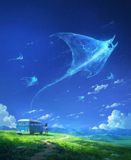 蓝空草原少女仰望发光蝠鲼群梦幻蓝绿风景手机壁纸