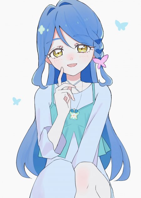 蓝发黄瞳少女指尖轻触唇边粉蓝清新动漫手机壁纸