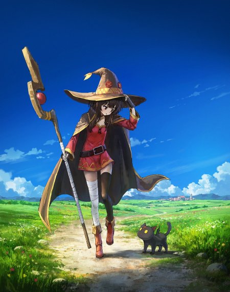 为美好的世界献上祝福惠惠红裙魔杖黑猫蓝绿田野动漫手机壁纸