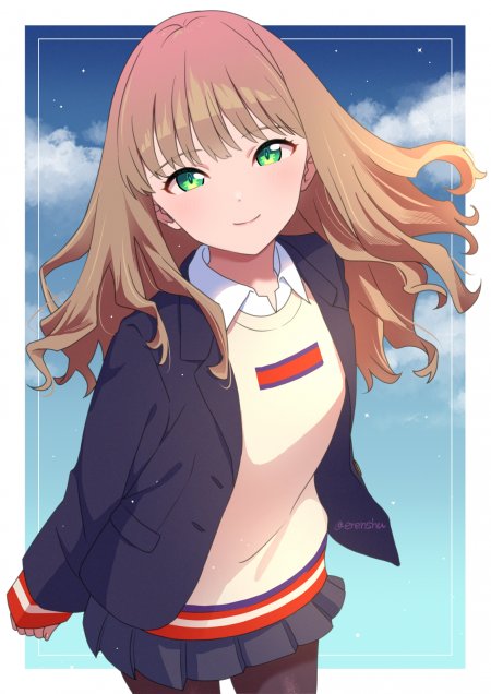 动漫少女粉发绿眸校服微笑蓝白天空背景动漫手机壁纸