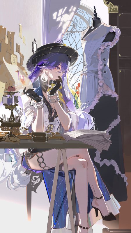 蓝发设计师少女服装设计室人物动漫手机壁纸