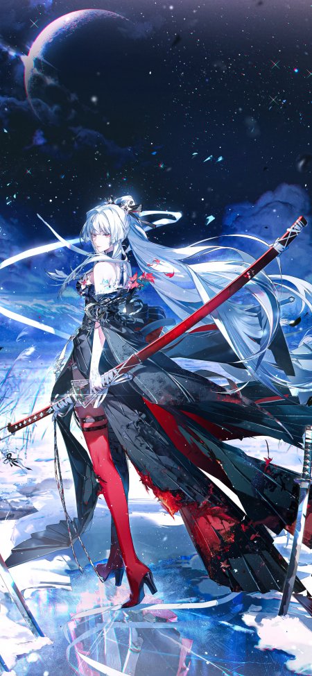 鸣潮绯雪白发红袜持刀星空少女动漫手机壁纸
