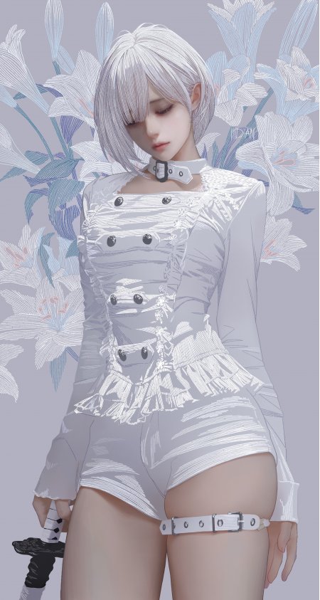 白发闭眼少女手持武士刀唯美百合花动漫手机壁纸