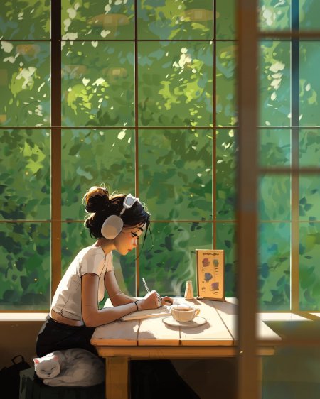 少女戴耳机窗边书写绿意盎然温馨治愈动漫手机壁纸
