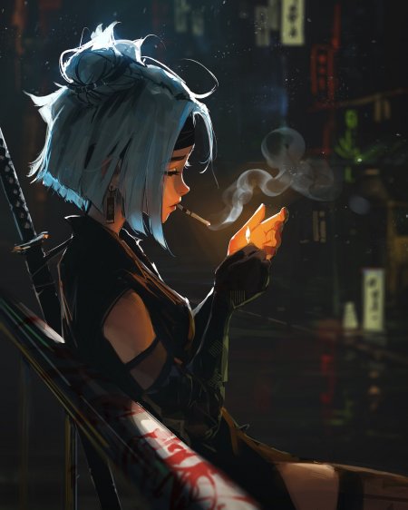 银发少女夜市点烟侧影暗金动漫手机壁纸