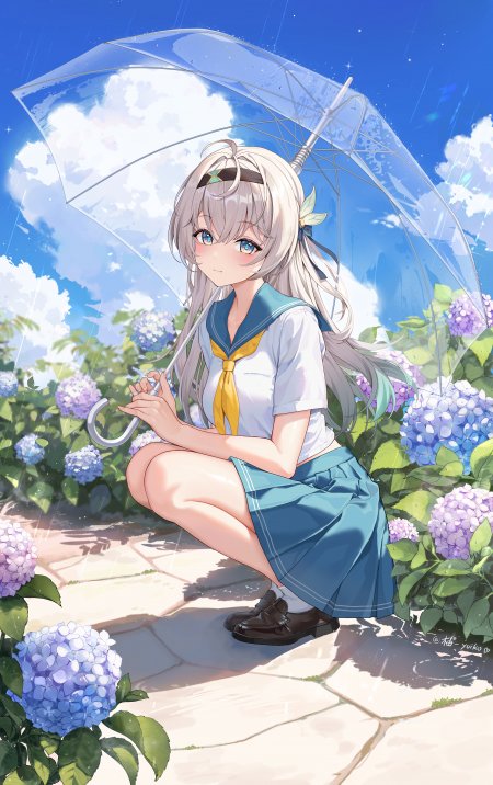 银发蓝眼少女撑透明雨伞蹲坐绣球花丛中蓝白清新动漫手机壁纸