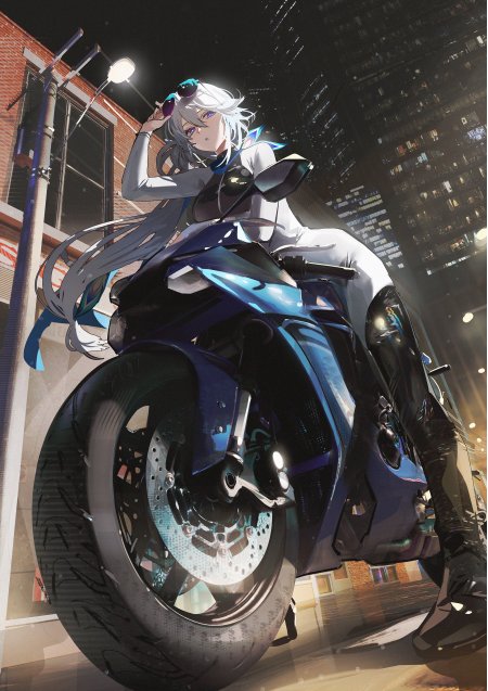 银发少女夜骑蓝黑机车霓虹都市汽车手机壁纸