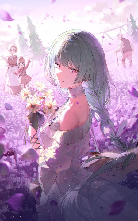 银发粉瞳少女手持雏菊紫雾花海动漫手机壁纸