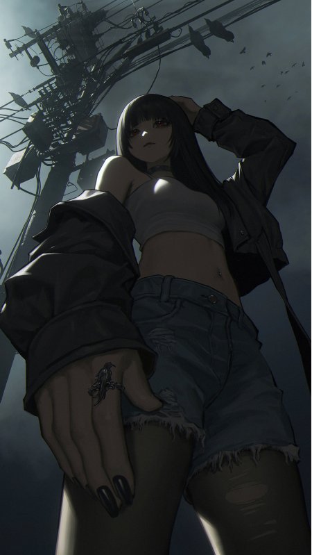 黑发红瞳少女街头低角度仰视暗灰动漫手机壁纸