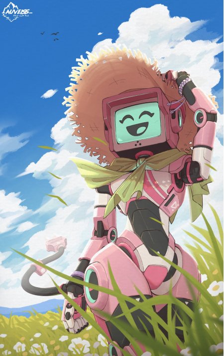 粉红机甲少女草帽微笑蓝天白云动漫手机壁纸