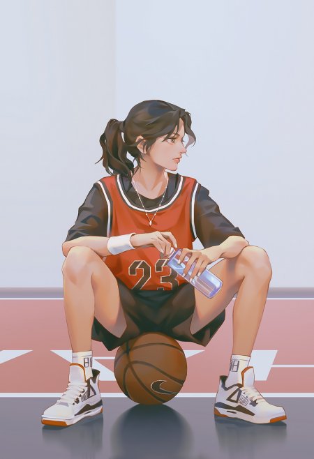 篮球少女坐地持水瓶橙黑运动装侧颜动漫手机壁纸