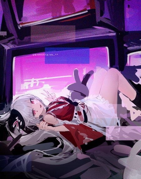 银发红瞳少女躺卧废墟紫粉霓虹动漫手机壁纸