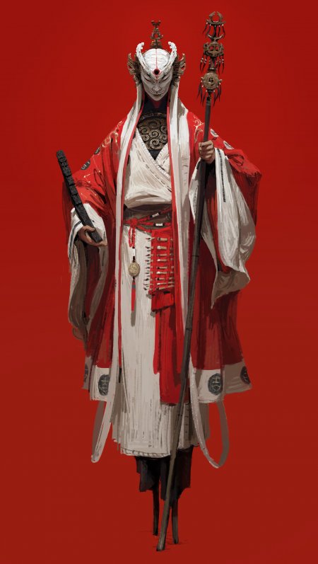 鬼面武士红白长袍持杖肃立暗红动漫手机壁纸