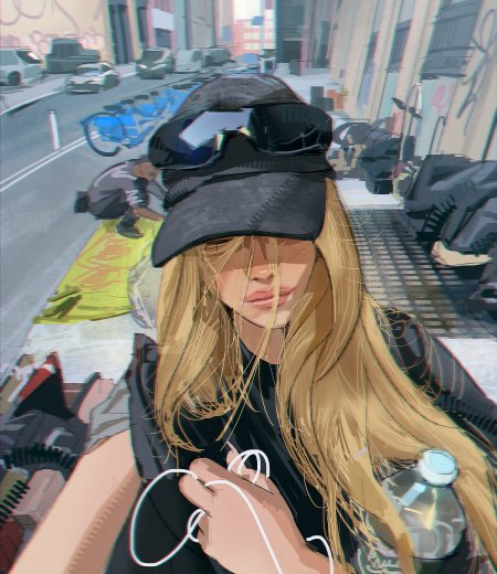 金发少女戴黑帽持耳机街头涂鸦背景灰蓝动漫手机壁纸