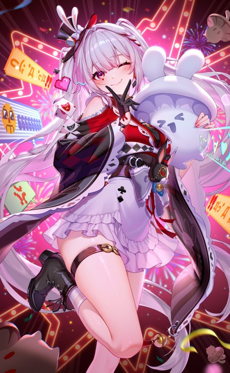 银发眨眼少女霓虹赛博朋克风动漫手机壁纸