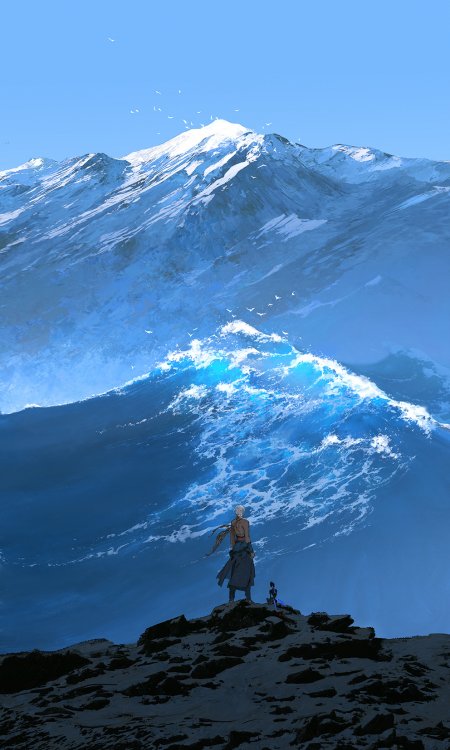 雪山巨浪白发少年蓝调奇幻风景手机壁纸