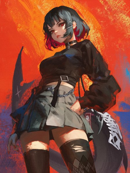 蓝灰短发红瞳少女黑衣链条装饰暗红背景动漫手机壁纸