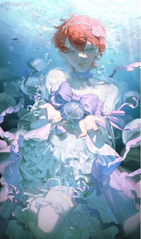 红发少女水下漂浮蓝紫纱裙梦幻动漫手机壁纸