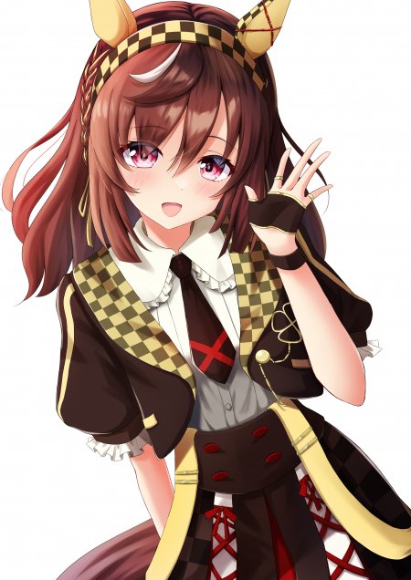 赛马娘特别周棕发粉瞳少女挥手微笑黄黑格纹制服动漫手机壁纸