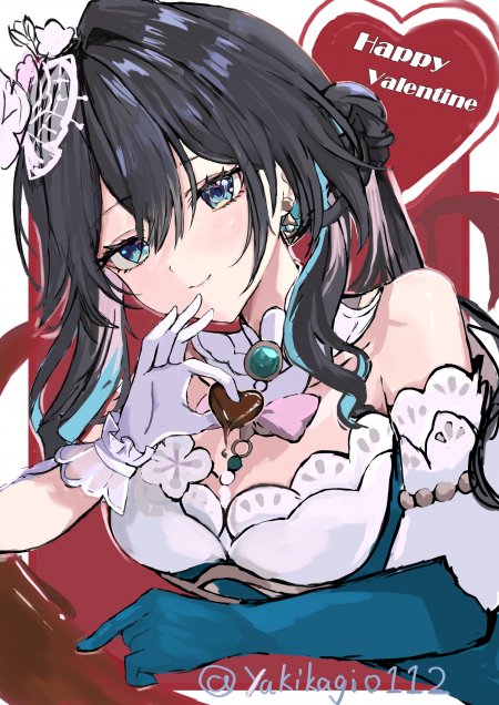 黑发少女情人节比心红色背景动漫手机壁纸