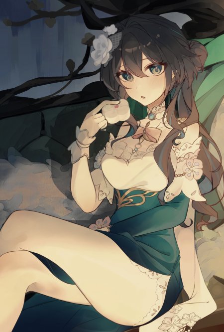 崩坏星穹铁道阮梅黑发绿眼执茶杯青绿礼服动漫手机壁纸