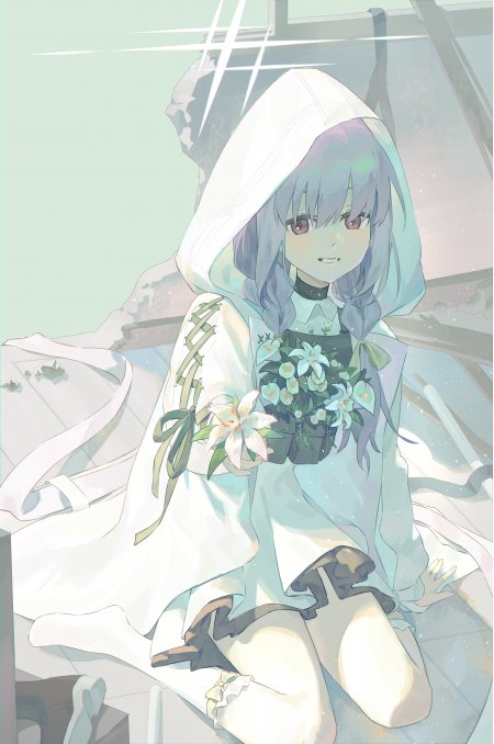 少女白袍兜帽紫发持百合花束淡青梦幻动漫手机壁纸