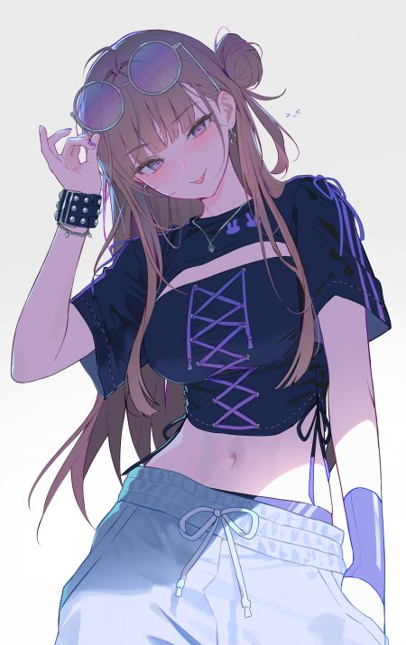 动漫少女紫瞳双马尾戴墨镜黑紫绑带短上衣蓝白运动裤粉紫渐变色调动漫手机壁纸