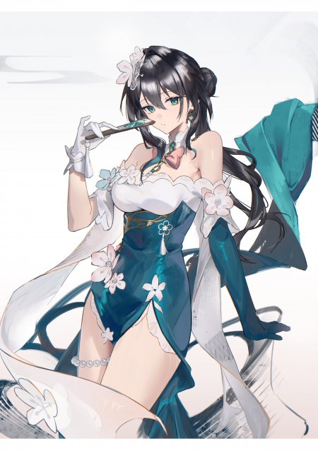 黑发少女手持折扇青色旗袍古风动漫手机壁纸