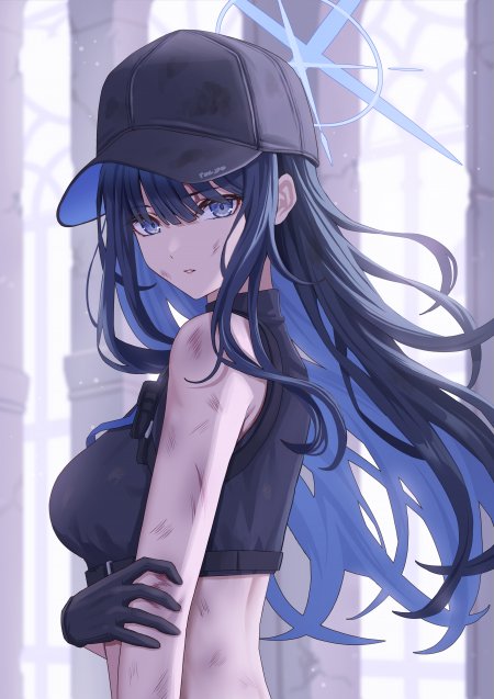 蔚蓝长发黑帽少女侧身回眸蓝紫动漫手机壁纸