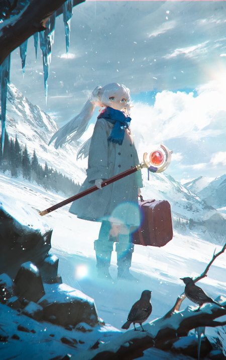 银发双马尾少女持法杖携行李箱雪域山巅蓝白奇幻动漫手机壁纸