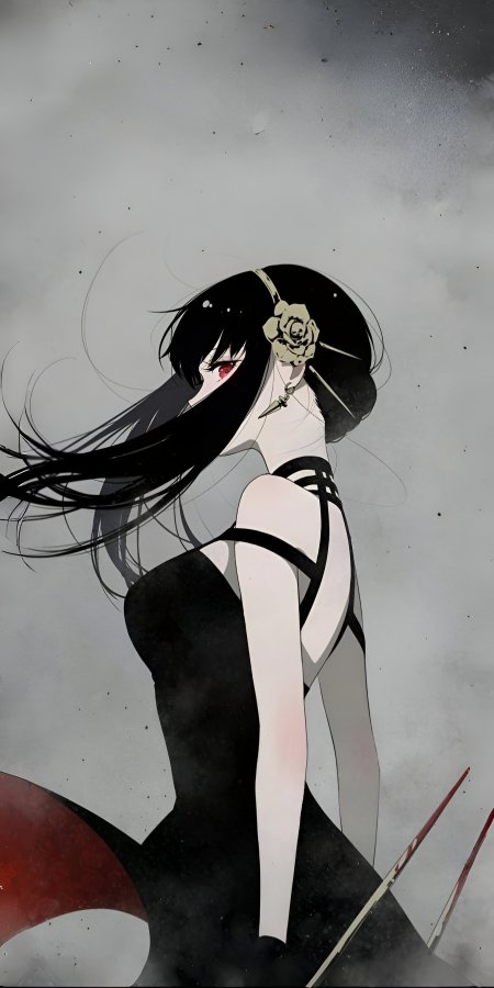 黑发红瞳少女侧身回眸灰白暗黑动漫手机壁纸