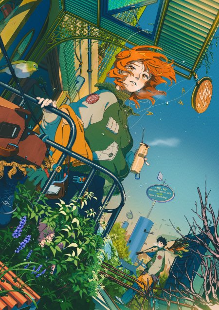 少女橙发绿衣手持对讲机仰望蓝天绿植环绕动漫手机壁纸