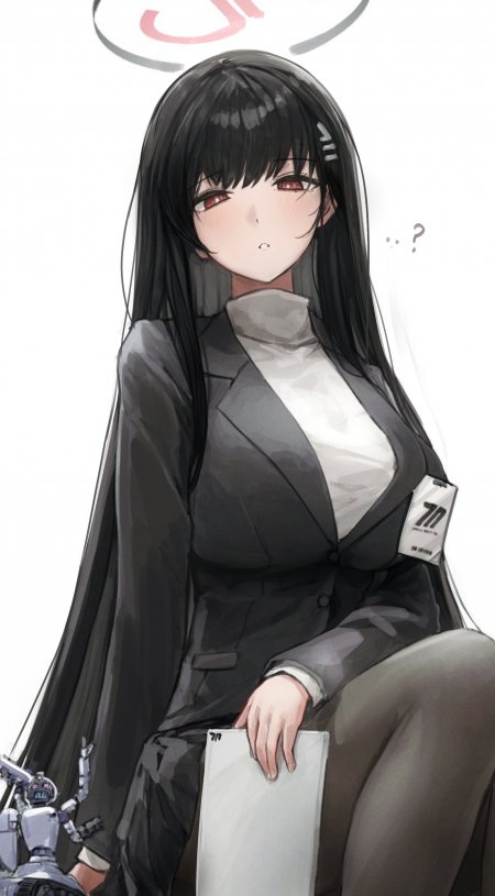 黑长直红瞳少女西装坐姿疑惑表情灰白动漫手机壁纸