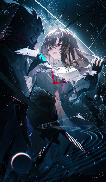 赛博朋克少女与机甲伙伴蓝紫光效科幻动漫手机壁纸