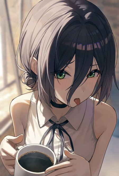 银灰黑发绿眸少女手持咖啡杯暖光动漫手机壁纸