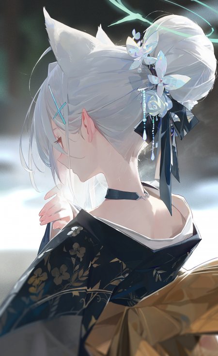 银发猫耳少女和风服饰蓝白蝴蝶发饰唯美动漫手机壁纸