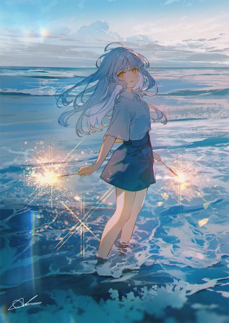 蓝发少女海边持烟花回眸蓝白唯美动漫手机壁纸