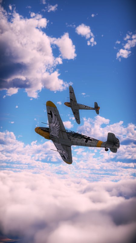 二战德国Bf109战斗机双机编队蓝天白云军事科技创意手机壁纸