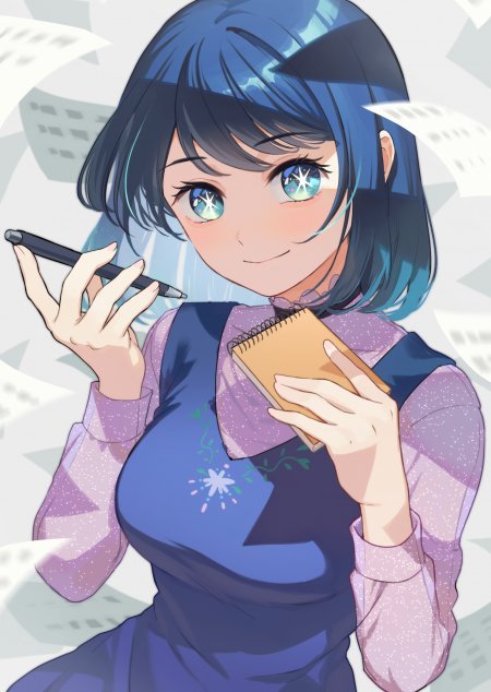 蓝发少女手持笔与笔记本星眸微笑粉紫动漫手机壁纸