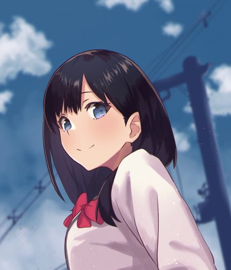 黑发蓝眼少女白衫红领结蓝天白云背景动漫手机壁纸