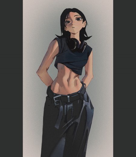 黑发少女露脐装戴耳机灰调动漫手机壁纸