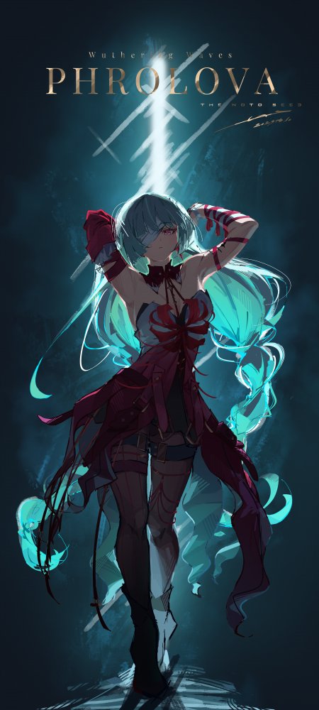 银发红瞳少女持光剑青蓝暗调动漫手机壁纸