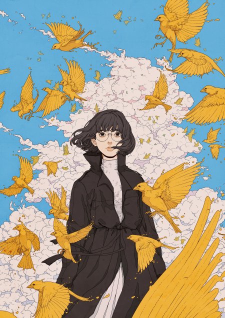 戴眼镜黑发少女立于云间金鸟纷飞蓝白梦幻动漫手机壁纸