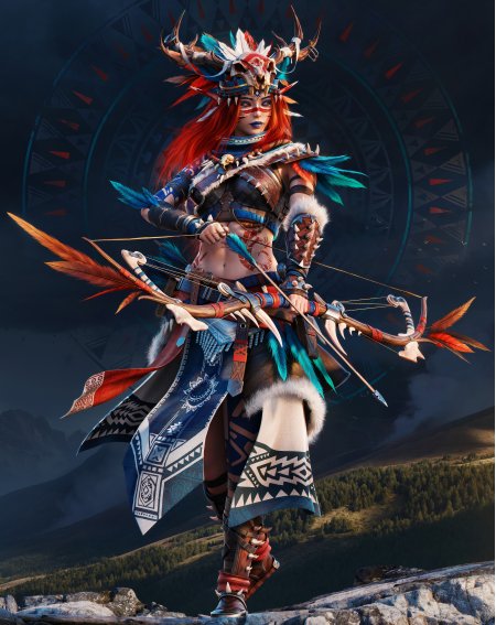 红发部落女战士持双弓箭蓝白羽毛装饰暗黑奇幻风格手机壁纸