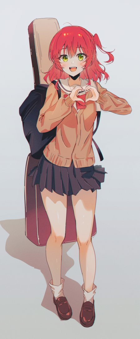 红发绿眼少女比心手势背吉他校服动漫手机壁纸