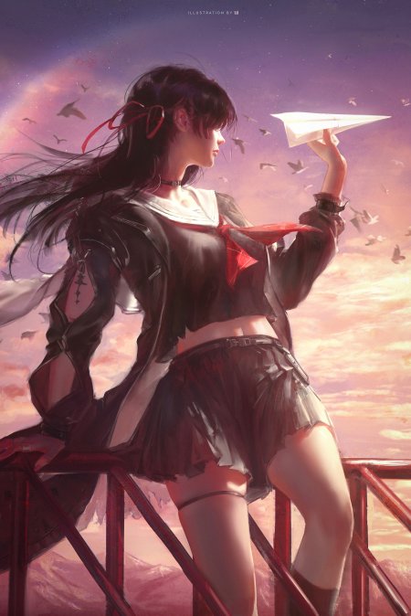 黑发红少女持纸飞机侧身倚栏粉紫梦幻动漫手机壁纸