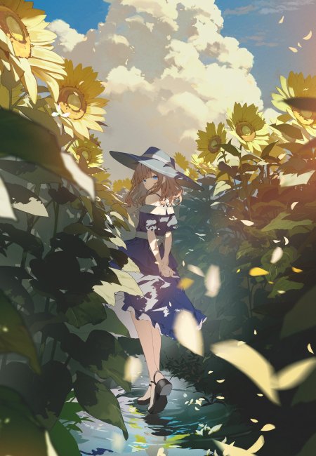 向日葵花田中戴宽檐帽蓝裙少女伫立水边暖金动漫手机壁纸