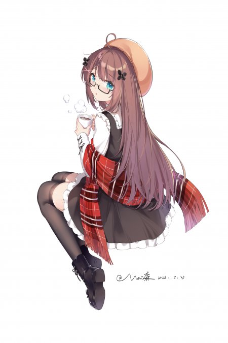 戴贝雷帽蓝眼少女手持热饮红格围巾棕发动漫手机壁纸